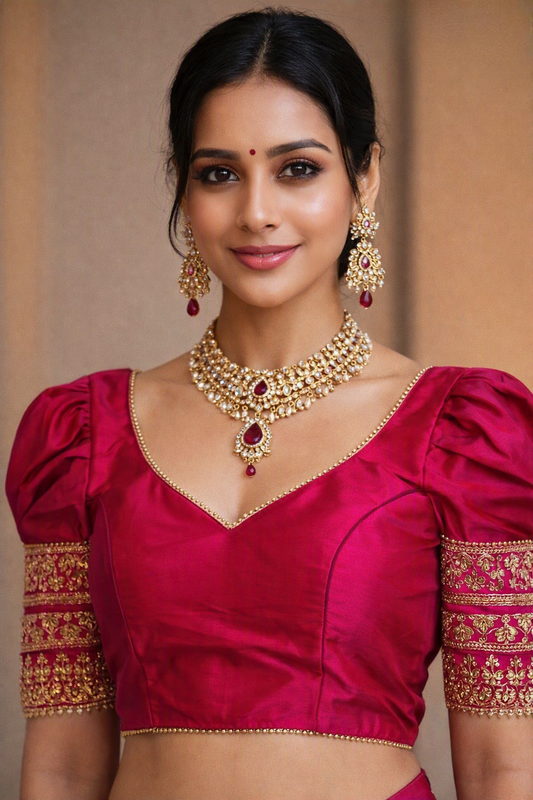 Embroidered Designer Puff Sleeves Blouse With Latkans