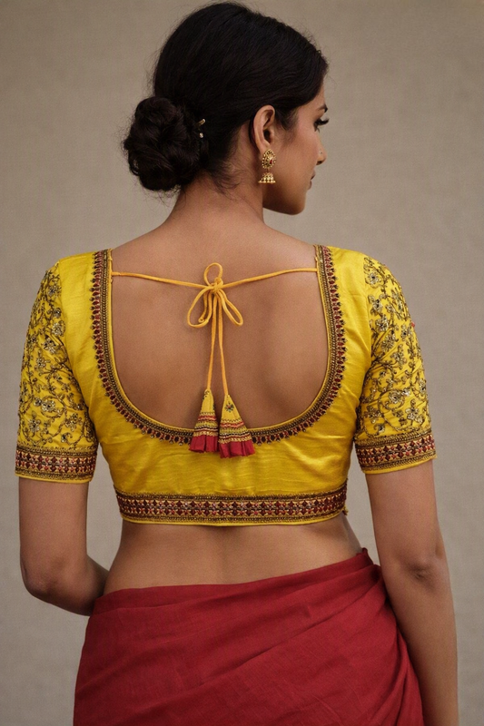 Rati Embroidered Applique Sleeves Soft Silk Blouse