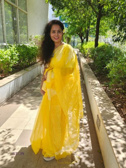 Bright Yellow Acrylic Raindrops Saree