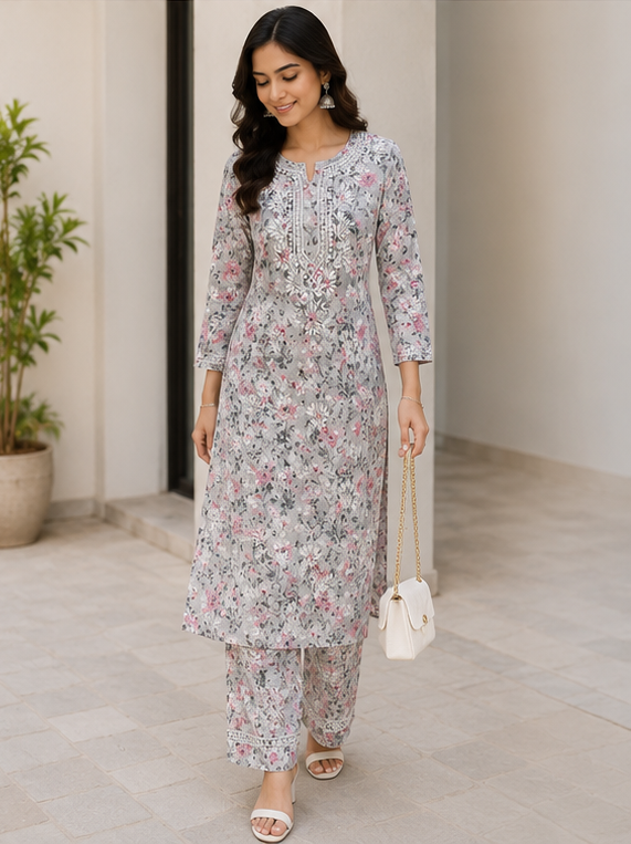 Niha Printed Floral Cotton Mulmul Chikankari Kurti & Palazzo Set