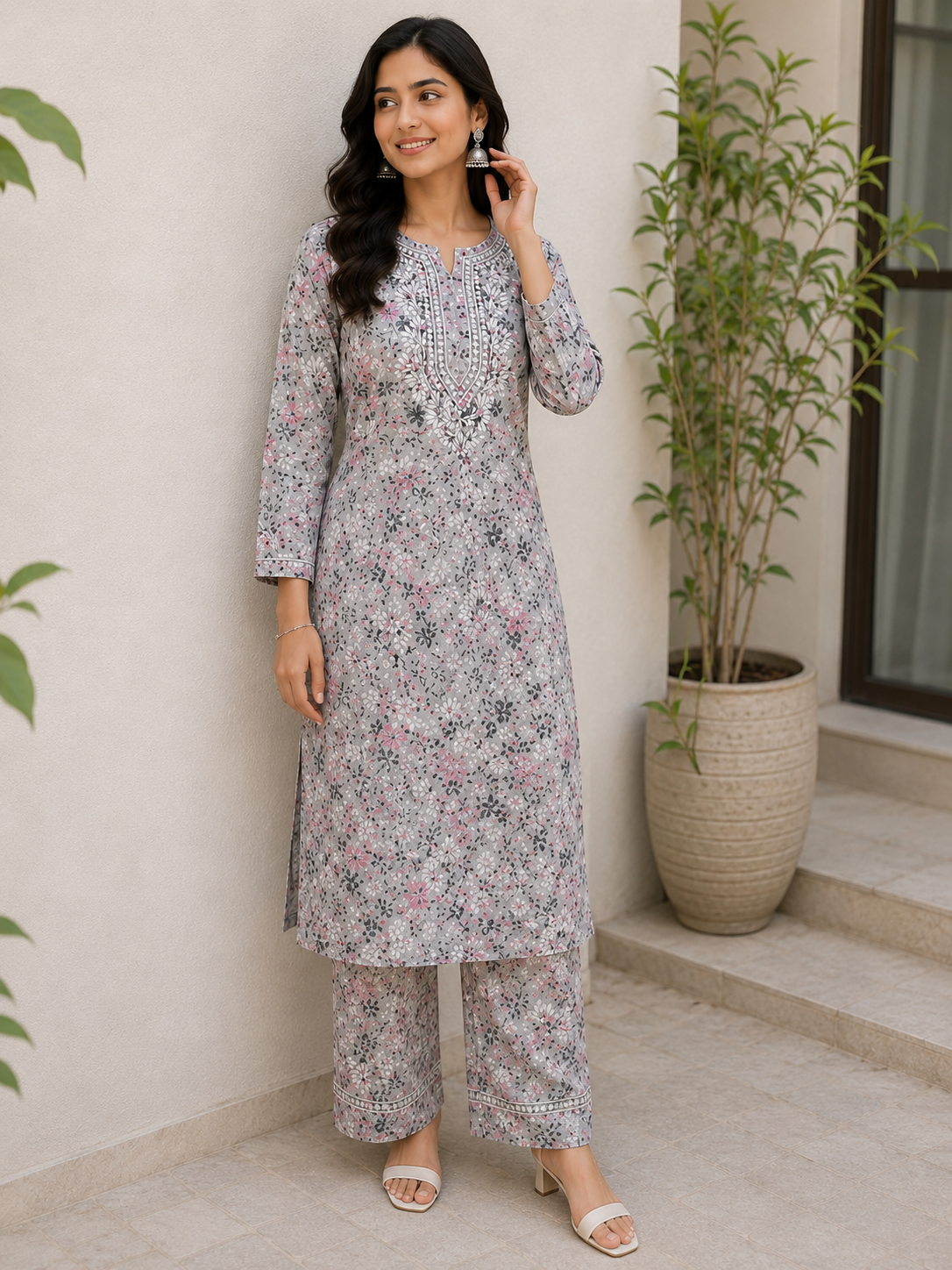 Niha Printed Floral Cotton Mulmul Chikankari Kurti & Palazzo Set