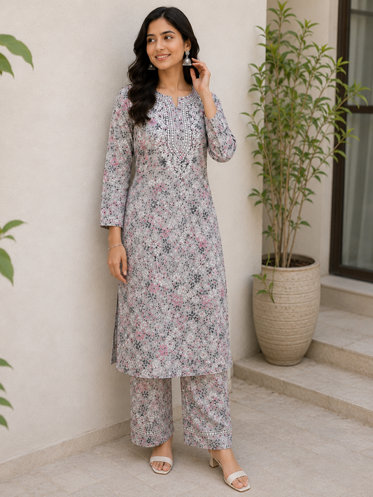 Niha Printed Floral Cotton Mulmul Chikankari Kurti & Palazzo Set
