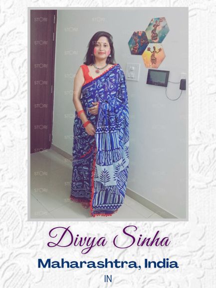 Divya Sinha in Indigo Blue Sitaar Printed Handloom Cotton Mulmul Saree