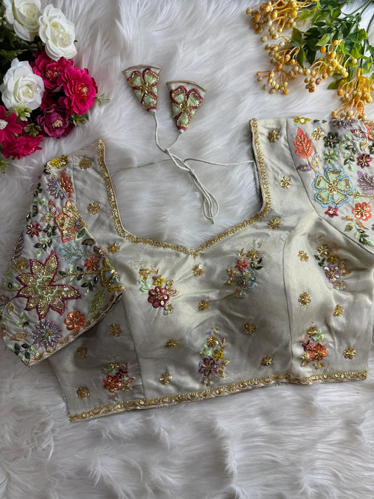 Pastel Shades Soft Silk Blouse With Hand Embroidery