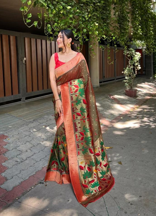 Fig Green Dual Shade Paithani Silk Saree With Lotus Woven Motifs