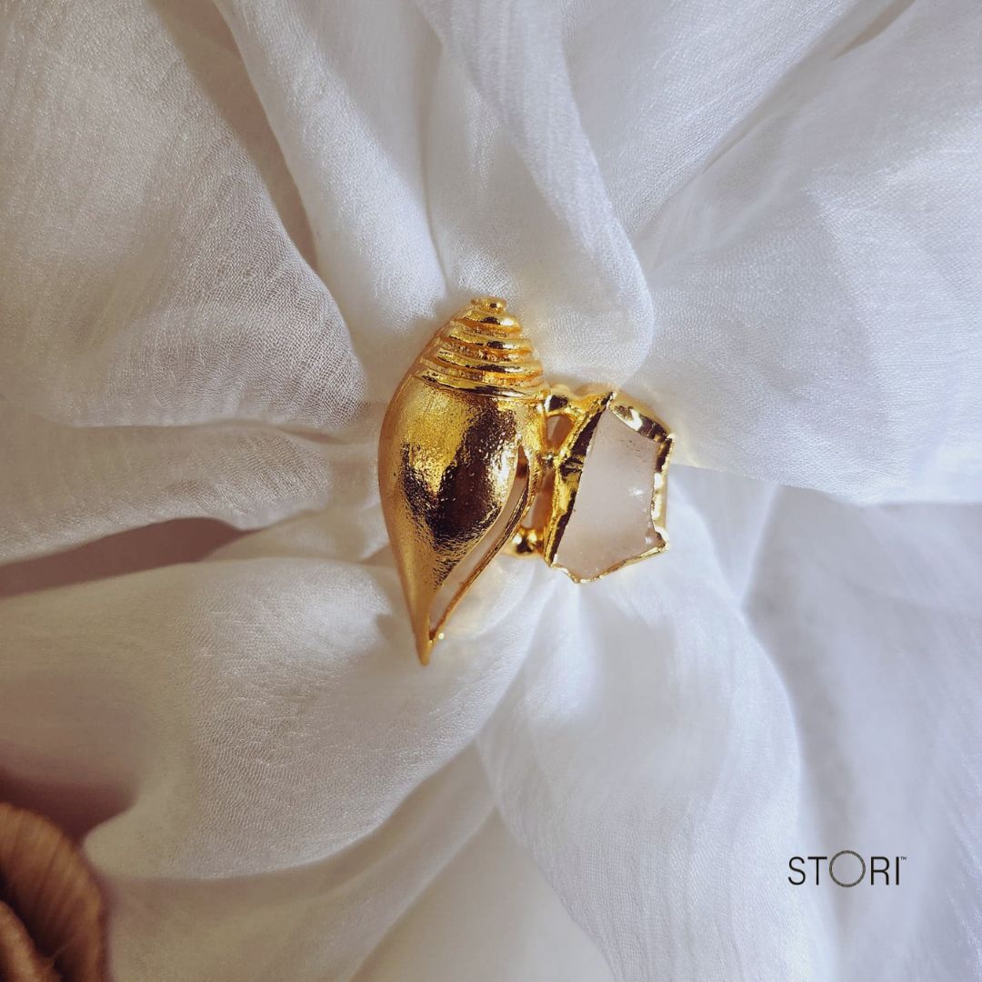 Rose Quartz & Golden Shell Statement Finger Ring