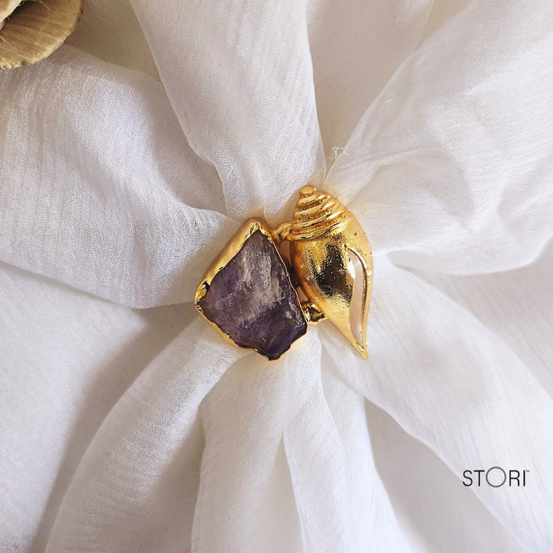 Amethyst & Golden Shell Statement Finger Ring