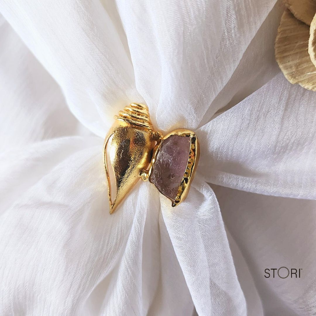 Amethyst & Golden Shell Statement Finger Ring