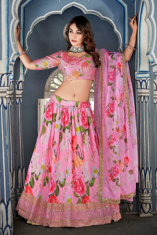 Pink Digital Printed Crushed Chinon Lehenga Choli Set With Sequins