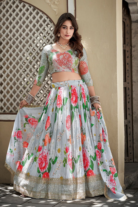 Greyish Blue Digital Printed Crushed Chinon Lehenga Choli Set With Sequins