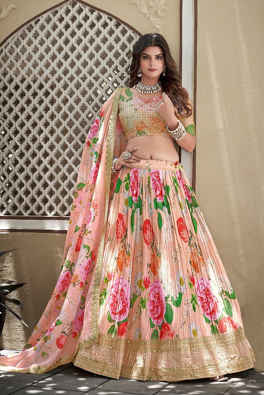 Peach Digital Printed Crushed Chinon Lehenga Choli Set With Sequins