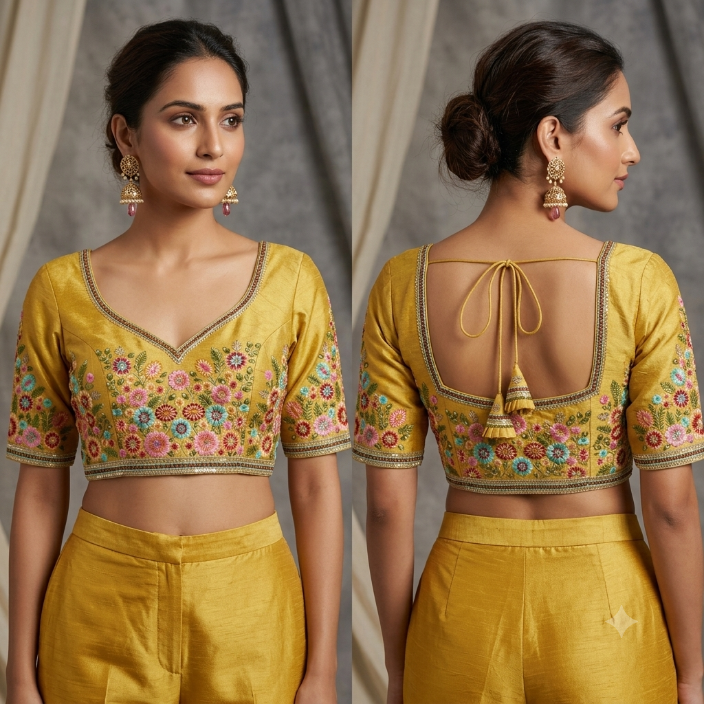 Floral Silk Thread & Zari Embroidered Designer Silk Blouse1