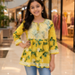 Floral Yellow Printed Cotton Mulmul Chikankari Short Kurti