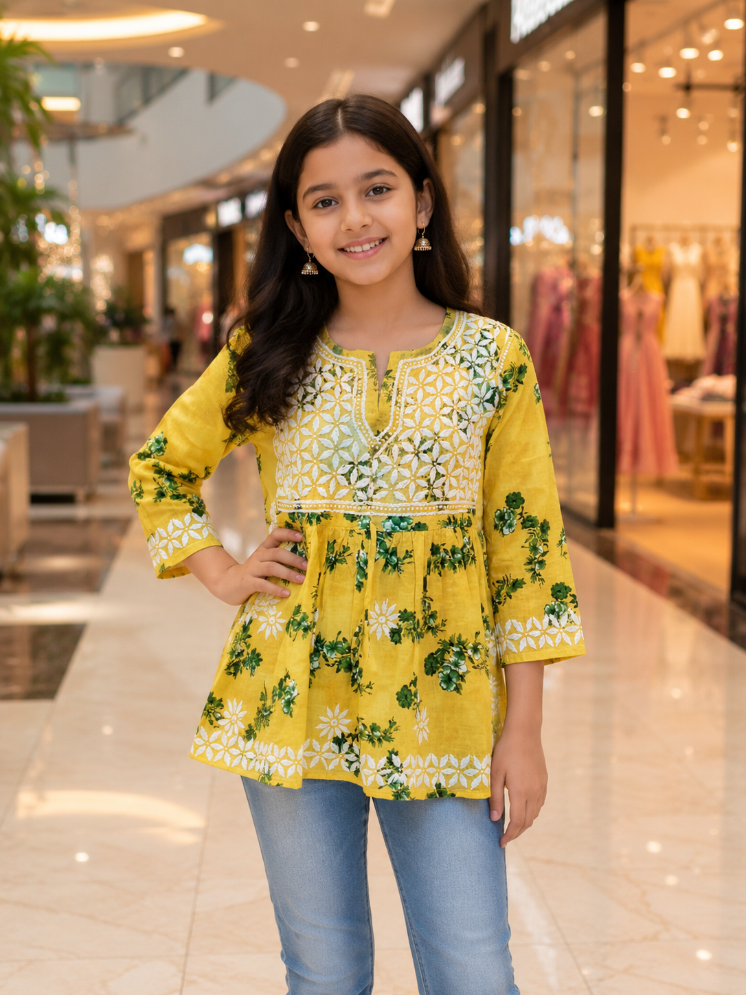 Floral Yellow Printed Cotton Mulmul Chikankari Short Kurti