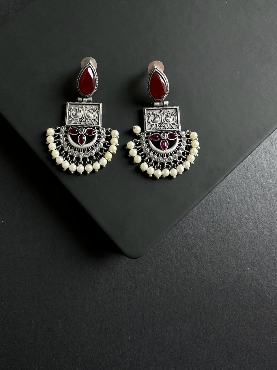 Red Mokshit Silver Lookalike Earrings