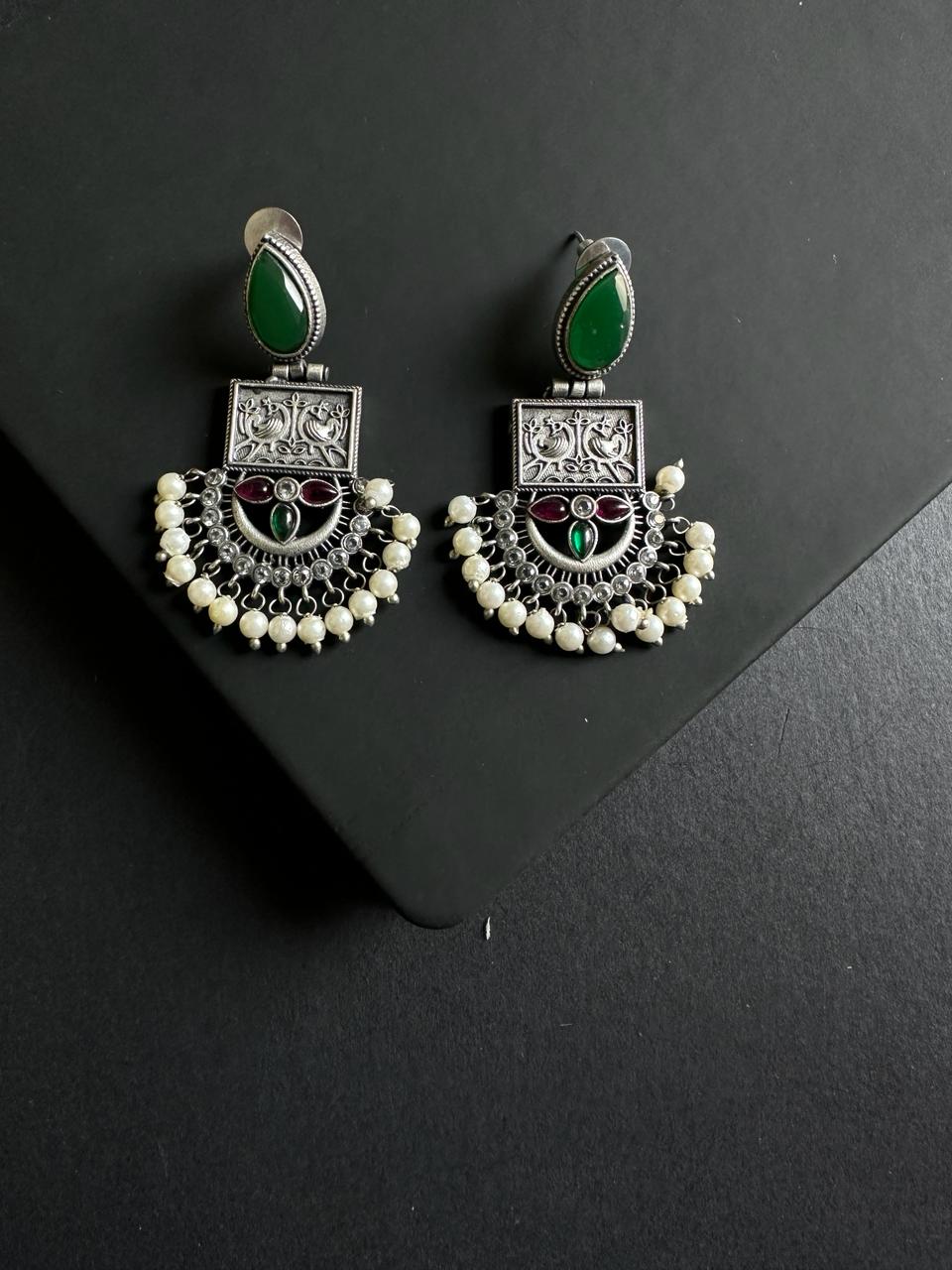 Green Mokshit Silver Lookalike Earrings