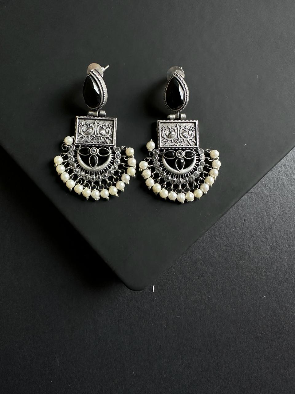 Black Mokshit Silver Lookalike Earrings