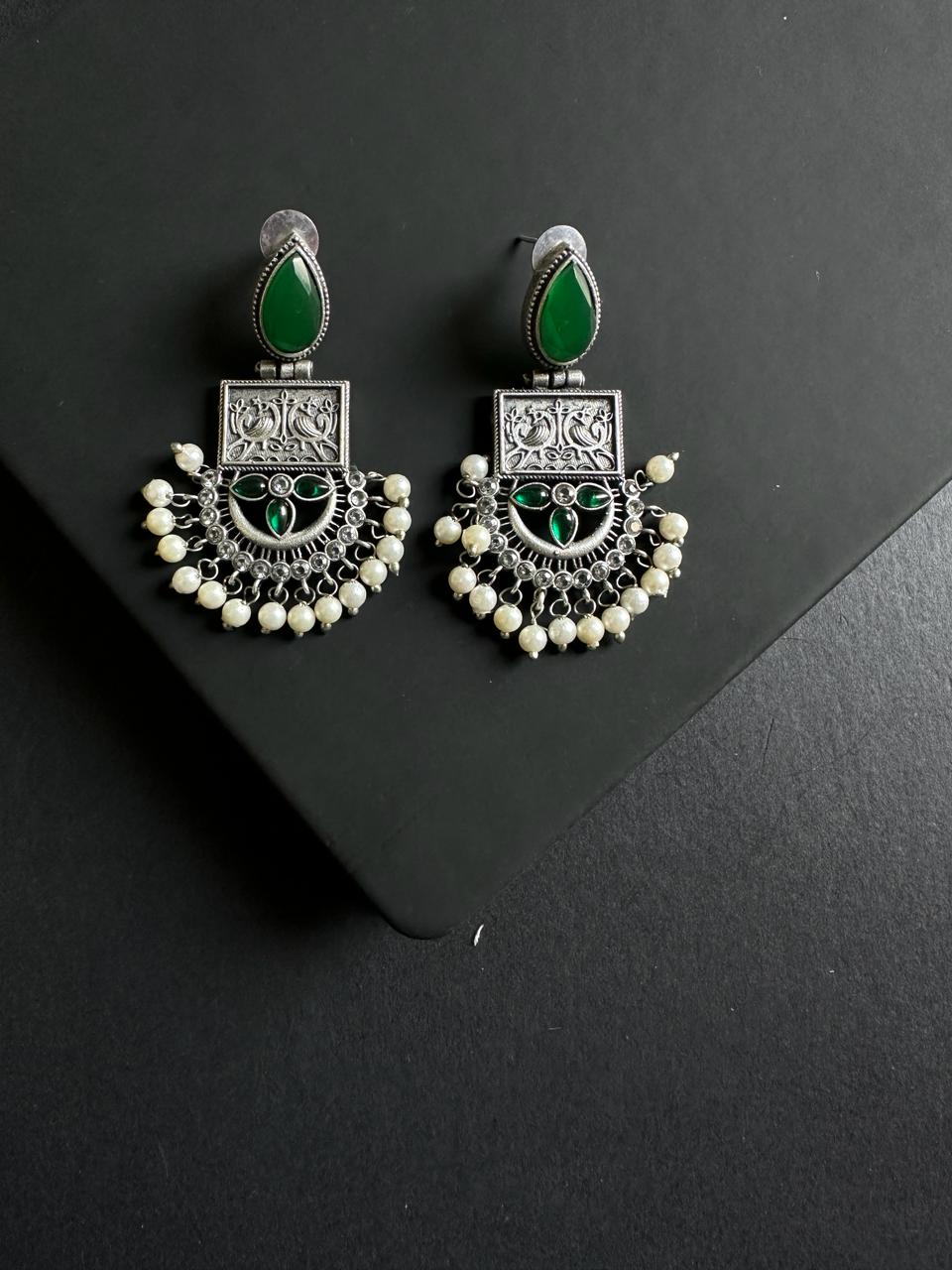 Green Mokshit Silver Lookalike Earrings