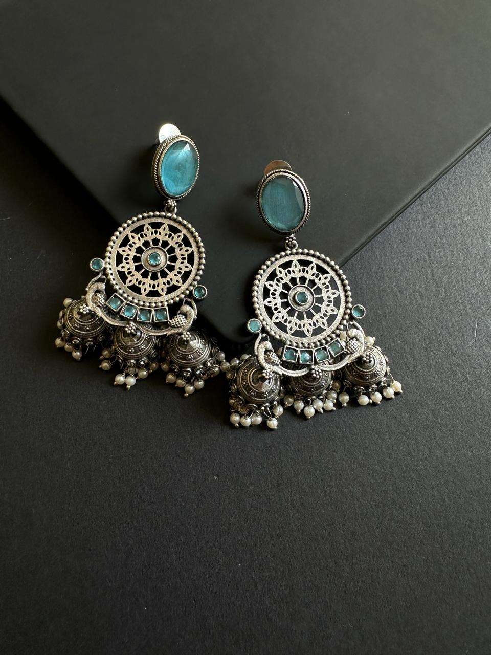 Sky Blue Shivanya 3-Layered Jhumki Earrings