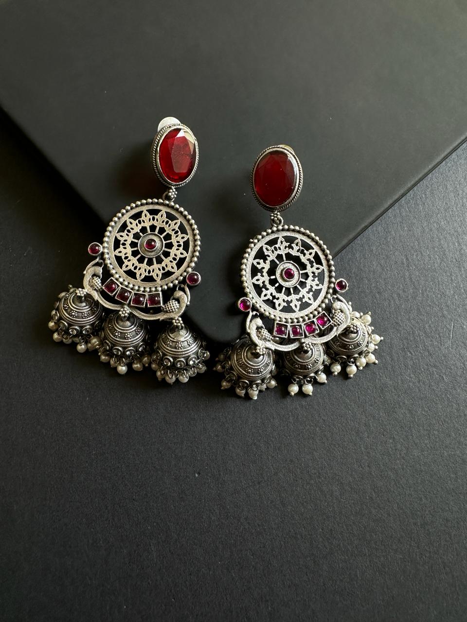 Red Shivanya 3-Layered Jhumki Earrings