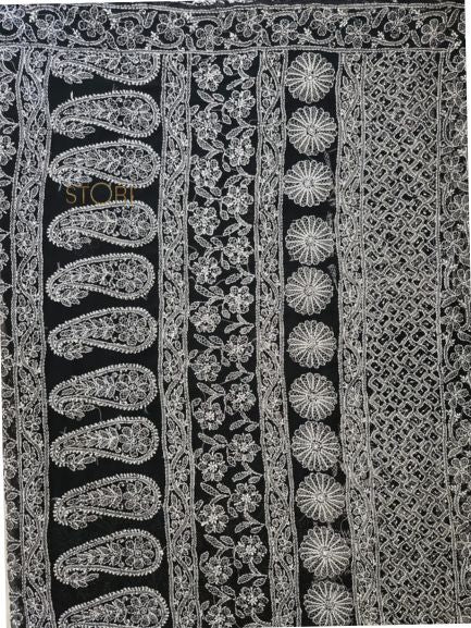 Black Adah Half Jaal Hand Embroidered Lucknowi Chikankari Saree