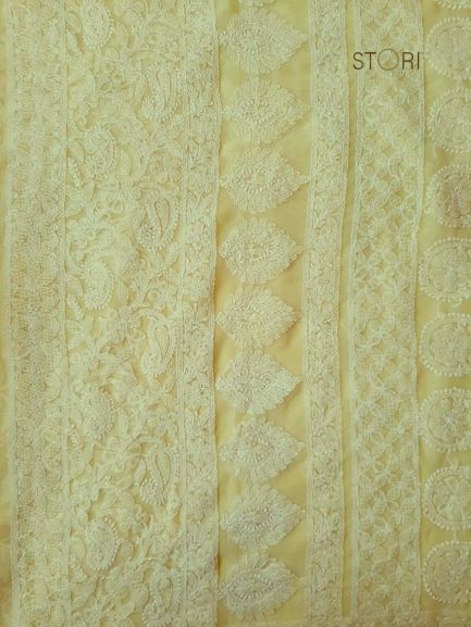 Lime Green Adah Half Jaal Hand Embroidered Lucknowi Chikankari Saree