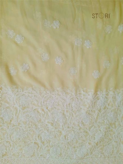 Lime Green Adah Half Jaal Hand Embroidered Lucknowi Chikankari Saree