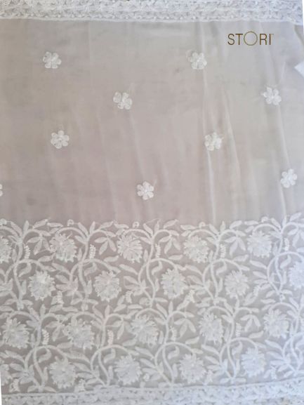 White Adah Half Jaal Hand Embroidered Lucknowi Chikankari Saree