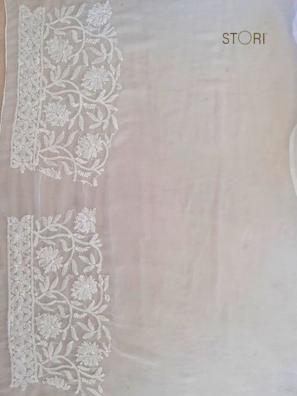 White Adah Half Jaal Hand Embroidered Lucknowi Chikankari Saree