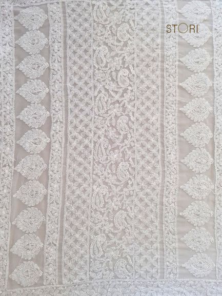 White Adah Half Jaal Hand Embroidered Lucknowi Chikankari Saree