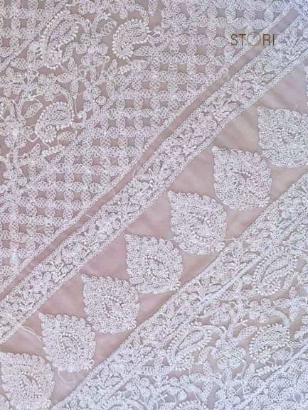 White Adah Half Jaal Hand Embroidered Lucknowi Chikankari Saree