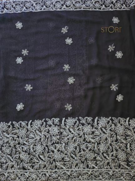 Black Adah Half Jaal Hand Embroidered Lucknowi Chikankari Saree