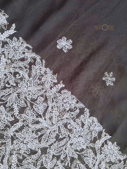 Black Adah Half Jaal Hand Embroidered Lucknowi Chikankari Saree