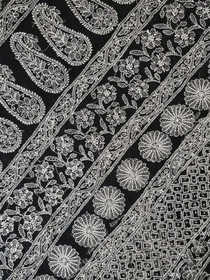 Black Adah Half Jaal Hand Embroidered Lucknowi Chikankari Saree