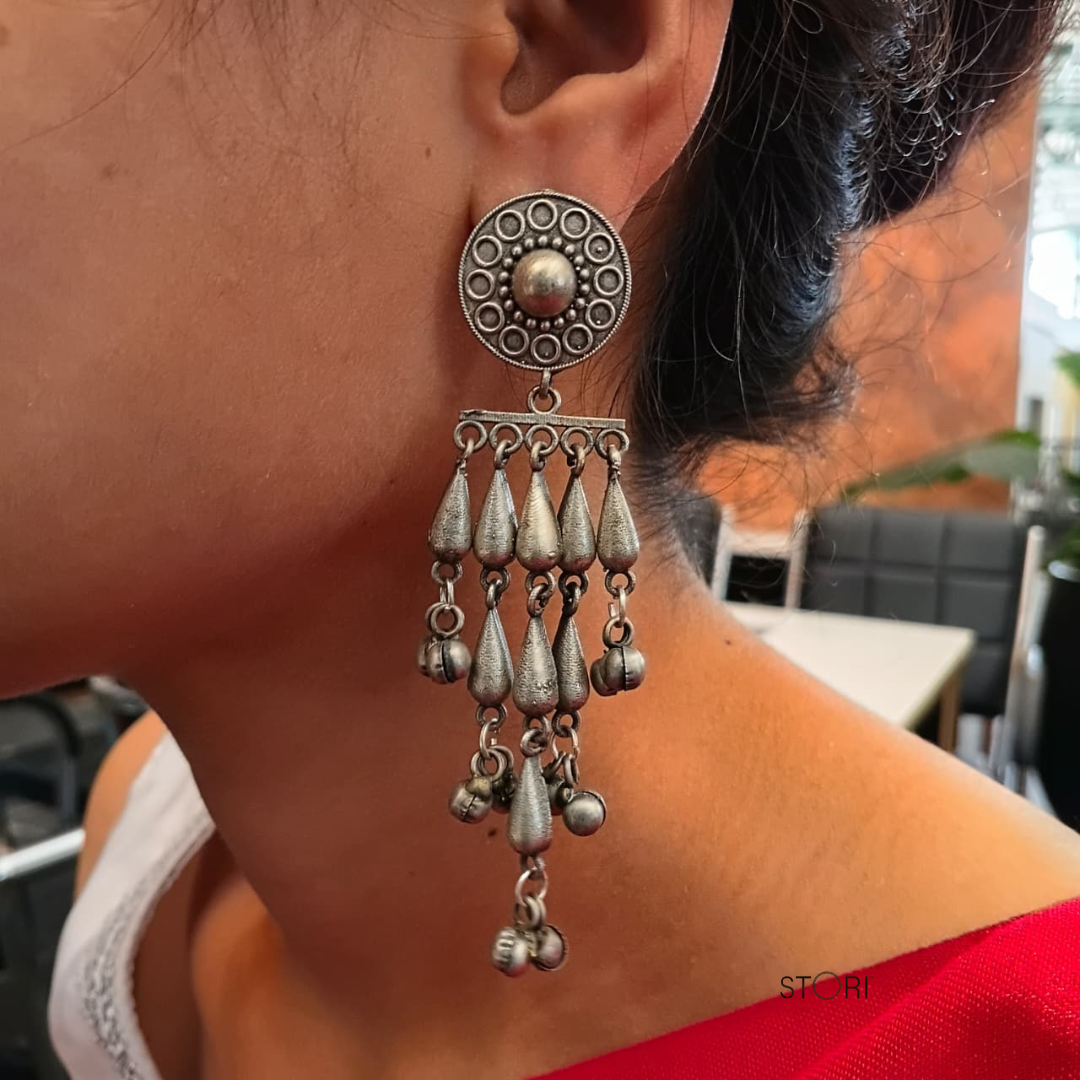 STORI Long Oxidised Silver Earrings