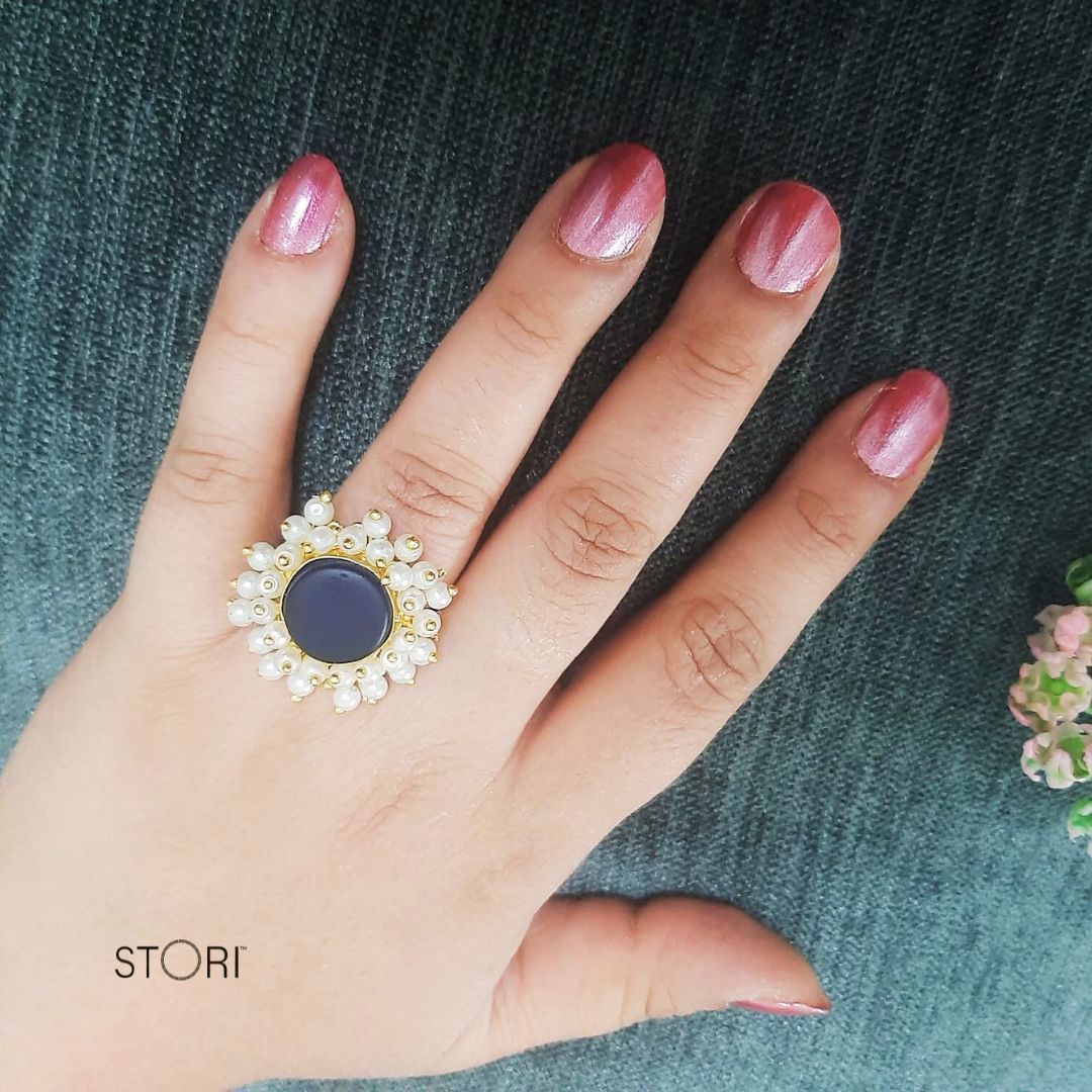 Nandini Pearl Halo Raw Stone Finger Ring