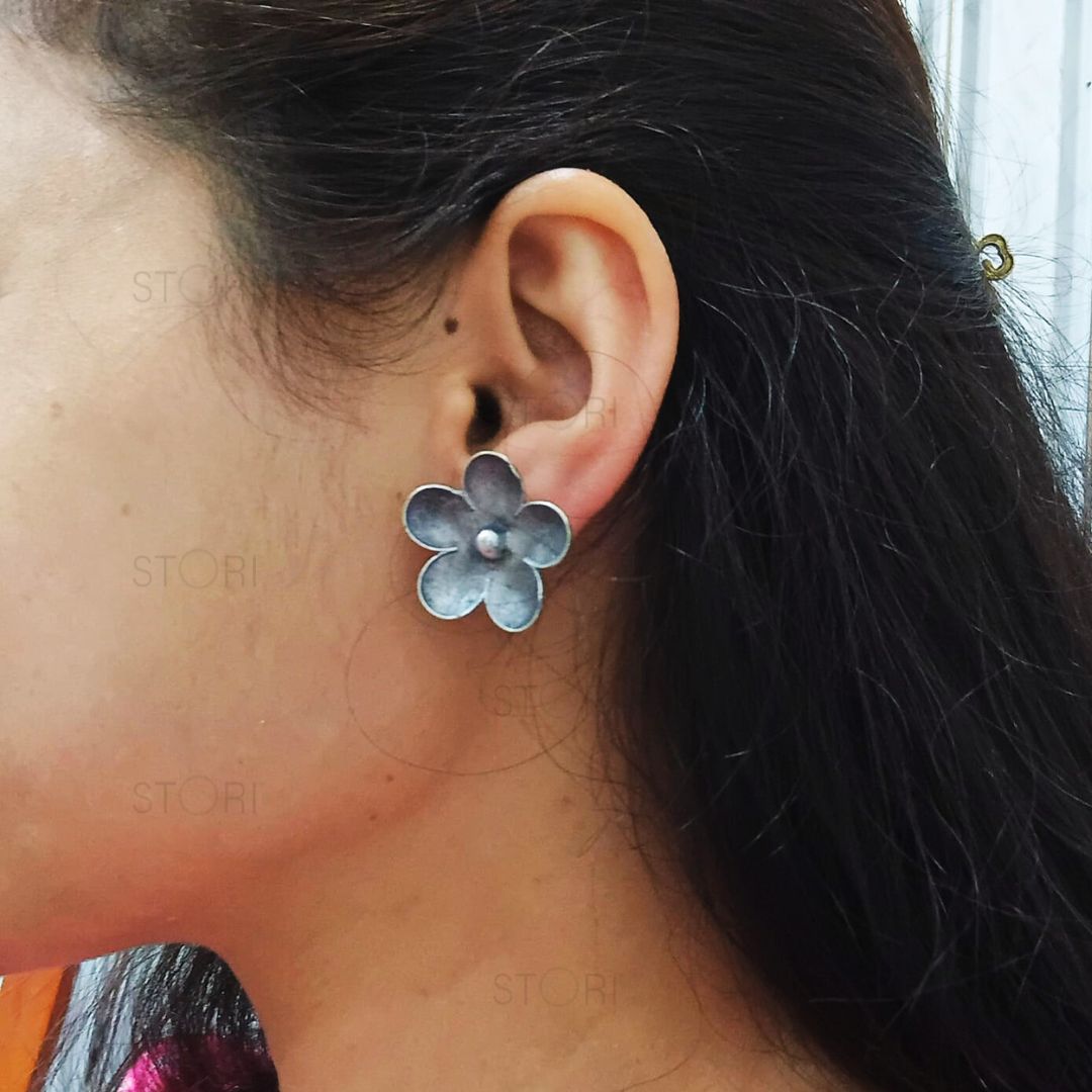 Handmade Plumeria Flower Oxidised Silver Earrings