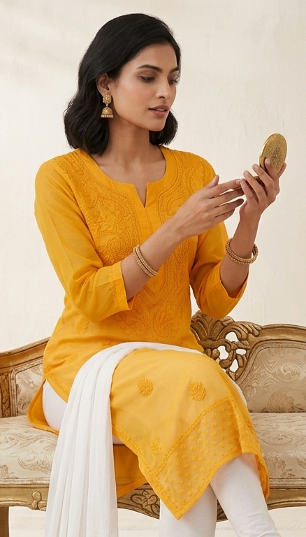 Havoka Mustard Yellow Georgette Tone-to-Tone Chikankari Kurti With Inner