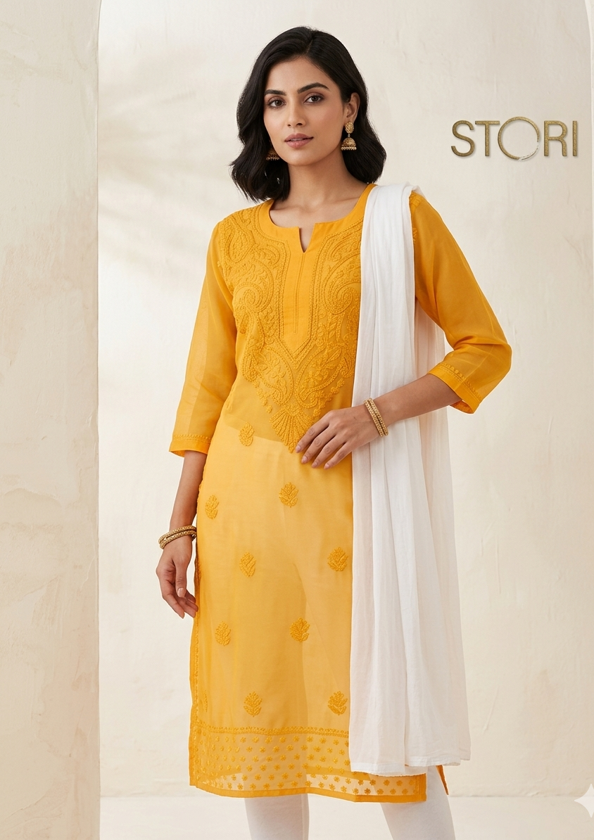 Havoka Mustard Yellow Georgette Tone-to-Tone Chikankari Kurti With Inner