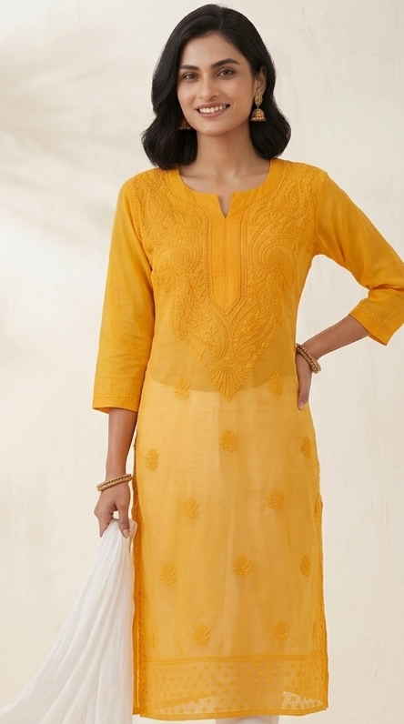 Havoka Mustard Yellow Georgette Tone-to-Tone Chikankari Kurti With Inner