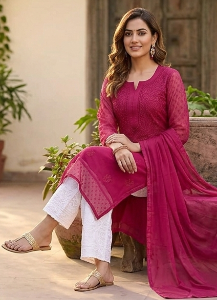 Havoka Georgette Tone-to-Tone Chikankari Kurti With Inner