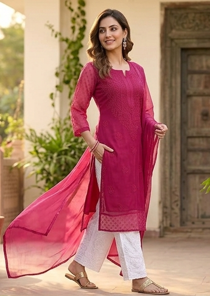Havoka Georgette Tone-to-Tone Chikankari Kurti With Inner