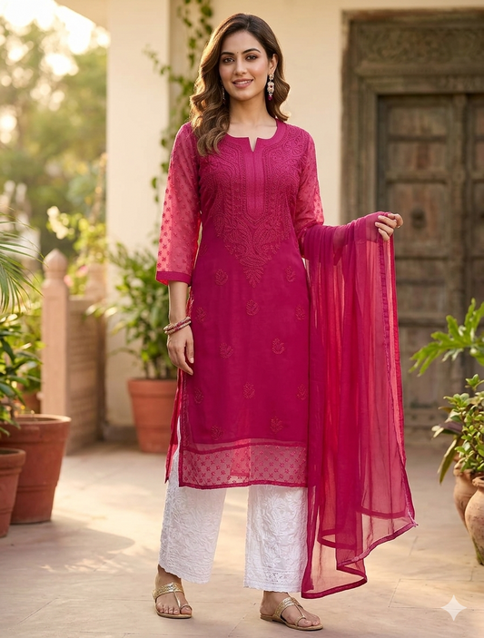 Havoka Georgette Tone-to-Tone Chikankari Kurti With Inner