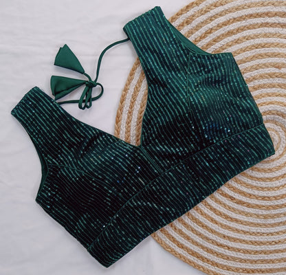 Green Sequin Embroidered Sleeveless Phantom Silk Readymade Blouse