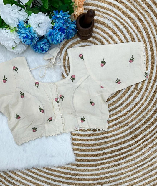 Rose Buds Embroidered Khadi Cotton Designer Blouse - Dyeable
