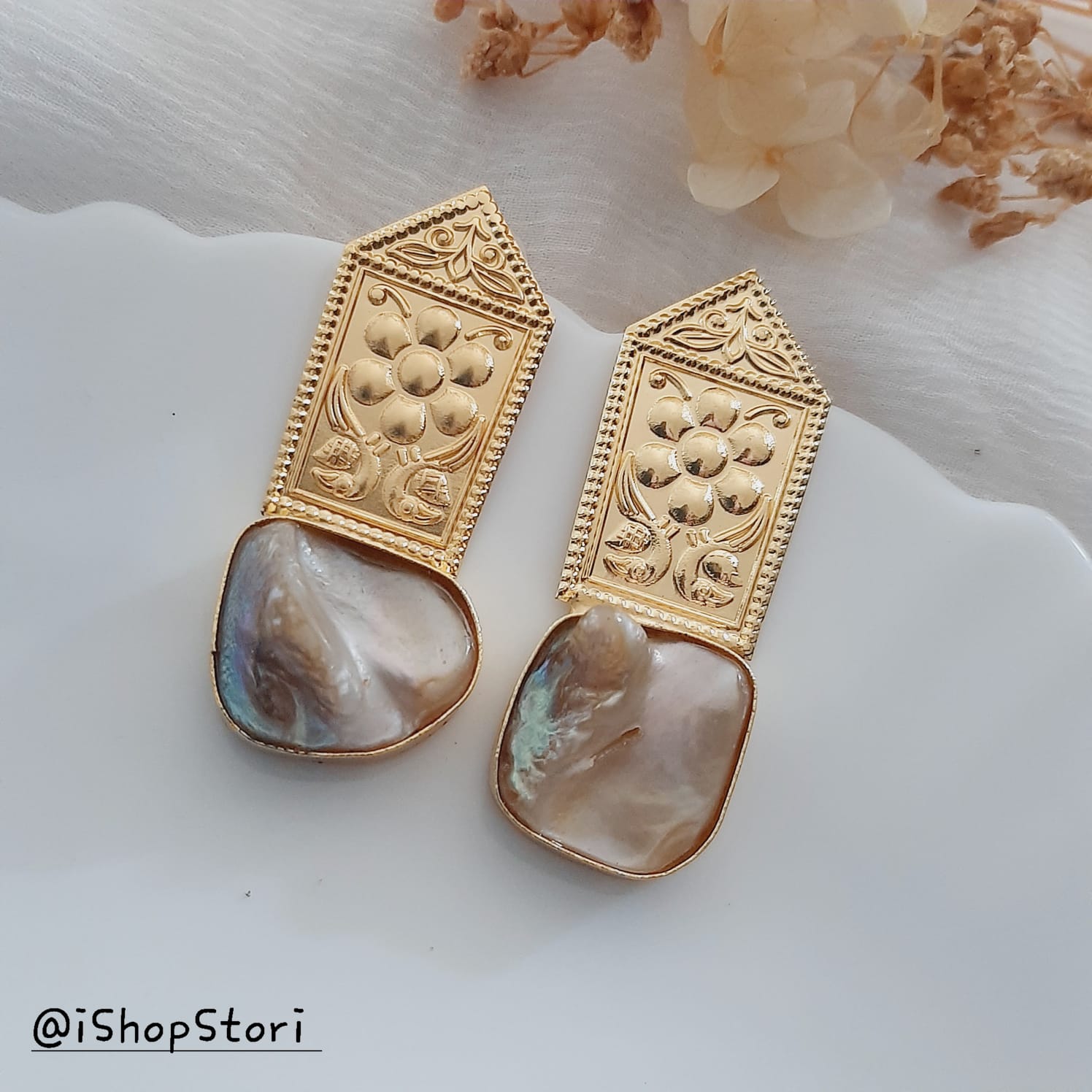 Antique Hammered Earrings With Baroque Pearls