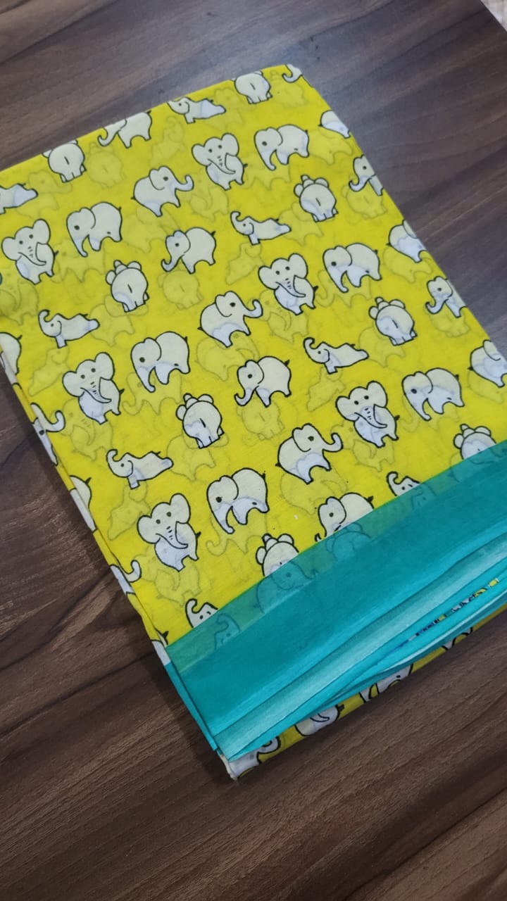 Appu Printed Bright Yellow Handloom Cotton Mulmul Saree