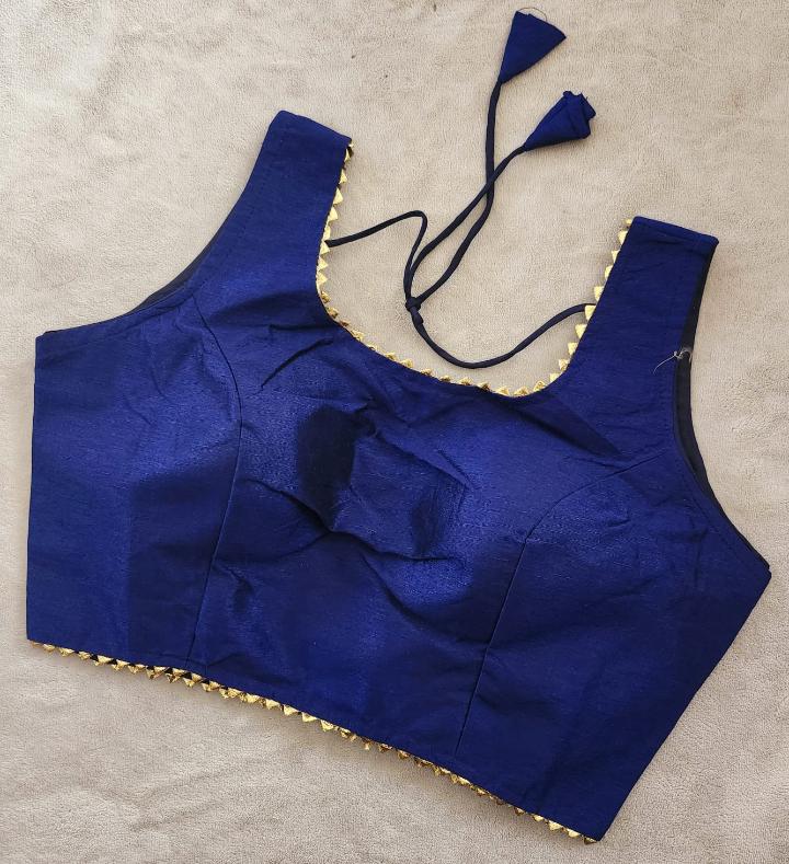 Solid Blue Color Tapeta Silk Blouse With Lace