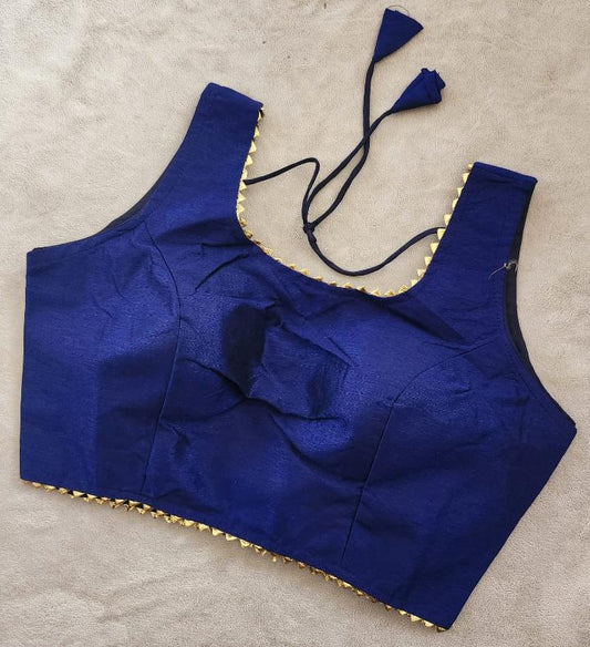 Solid Blue Color Tapeta Silk Blouse With Lace