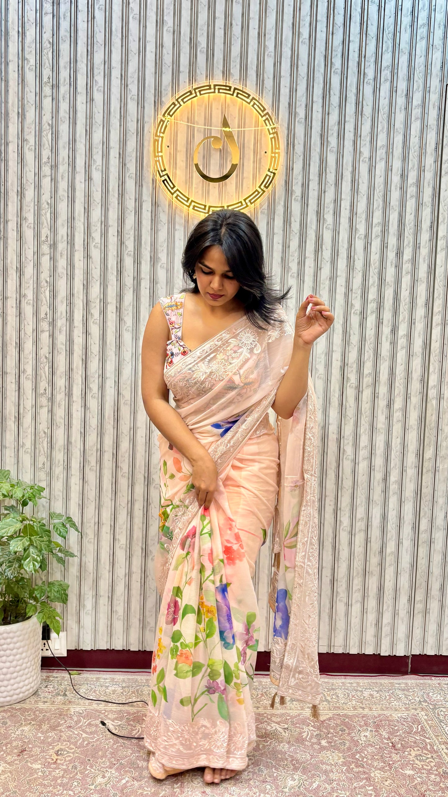 Pale Peach Floral Printed Chiffon Saree With Chikankari Borders